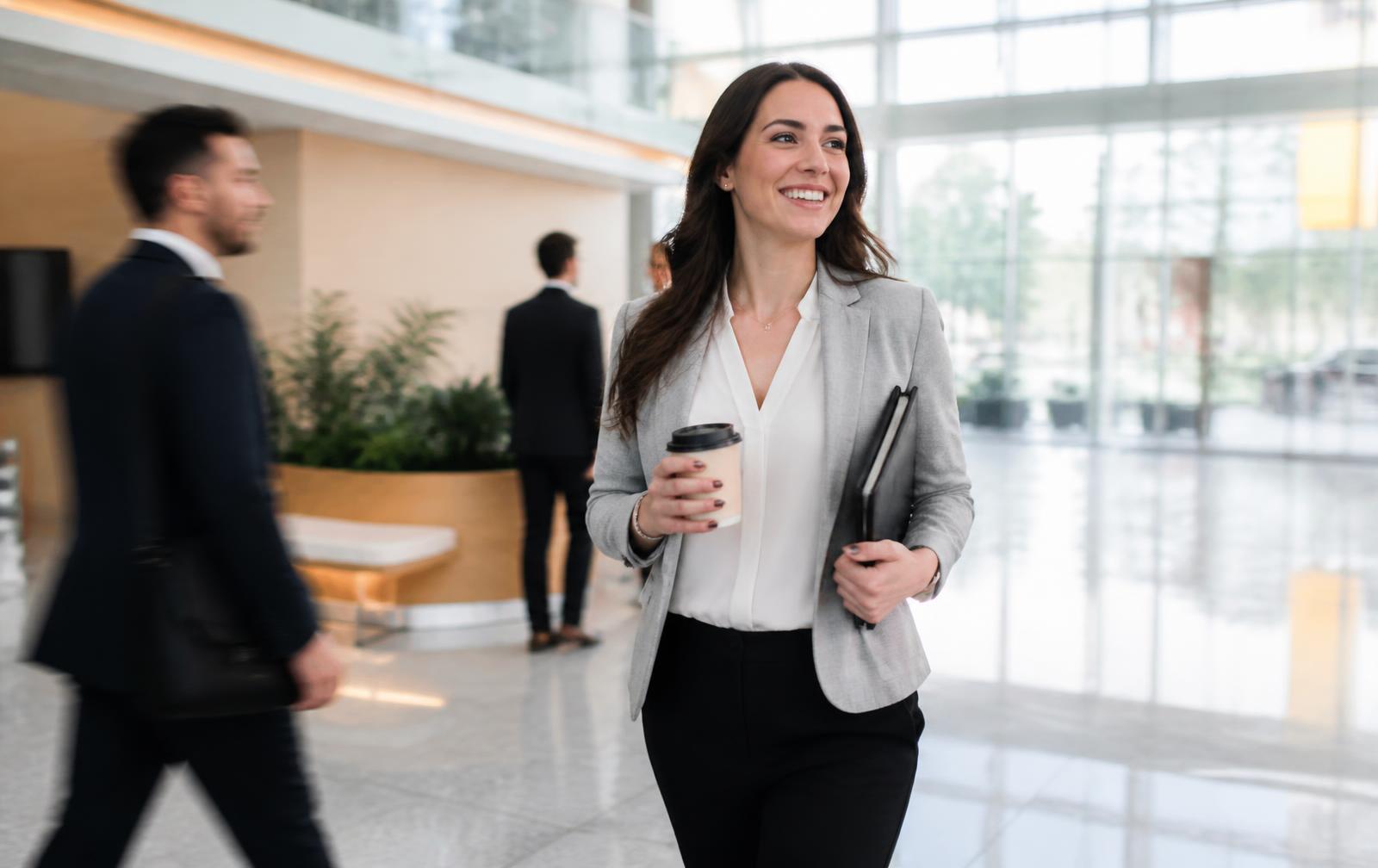 Professionnel traversant un hall d'immeuble